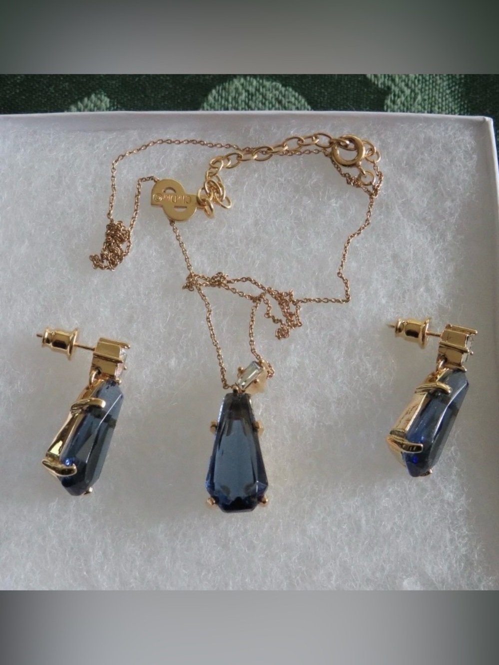 Vintage Christian Dior Teardrop Blue Dangle 14k Gold Post Earrings Necklace Set
